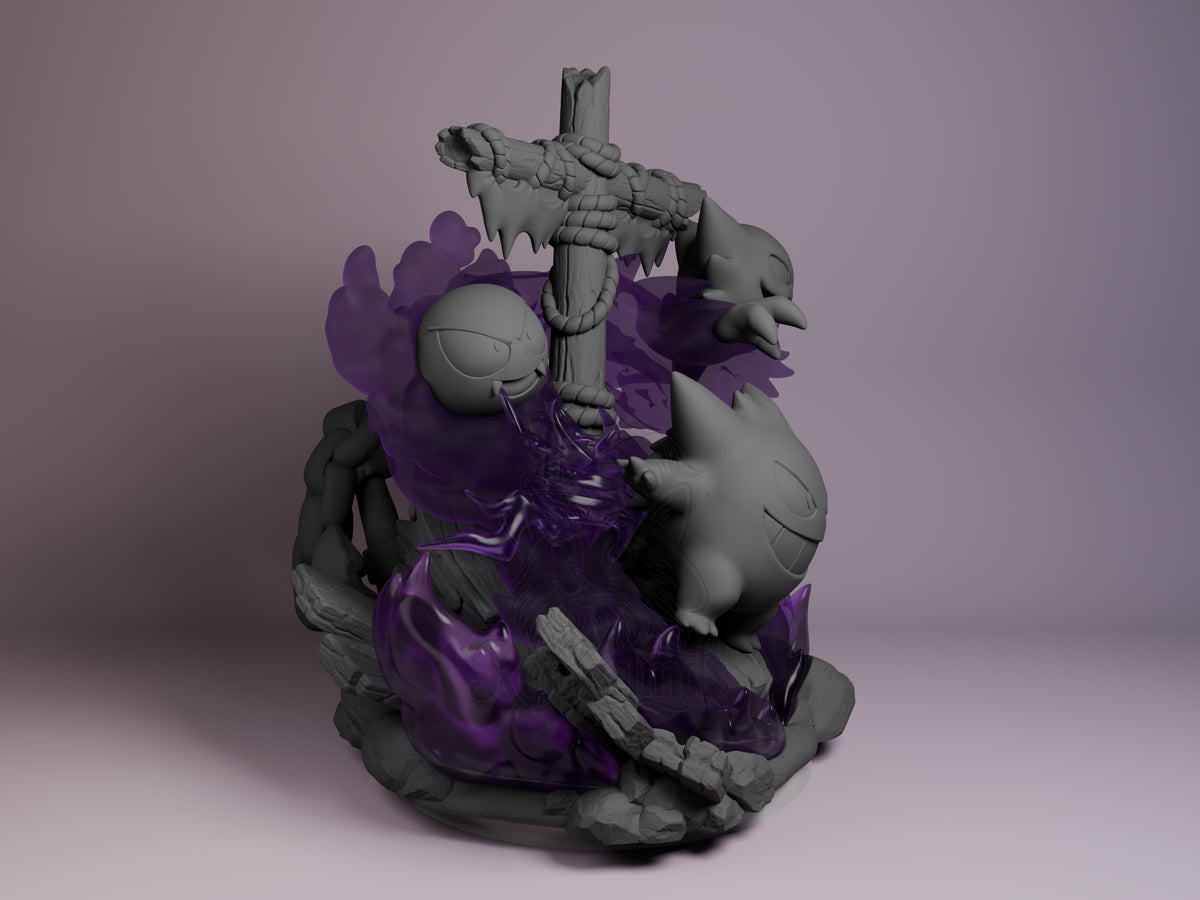 Right-side view shows Gastly, Haunter & Gengar from Pokémon as a mostly unpainted resin Chibi figure with purple accents on.