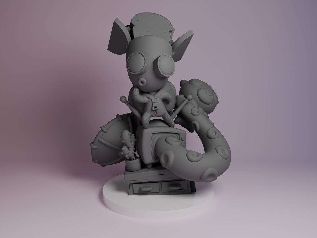 Green Helper Droid Alien Invader Z 3D printed resin figure by Nomnom, unpainted front view. The figure depicts the Green Helper Droid from Invader Zim standing upright on a round base resembling a wood platform with two small drawers. The character has oversized round eyes, large ears, and a tentacle-like arm wrapping around a small vintage-style television set with antennae. A small cactus plant in a pot is positioned beside the television, adding detail and context to the chibi-style miniature.