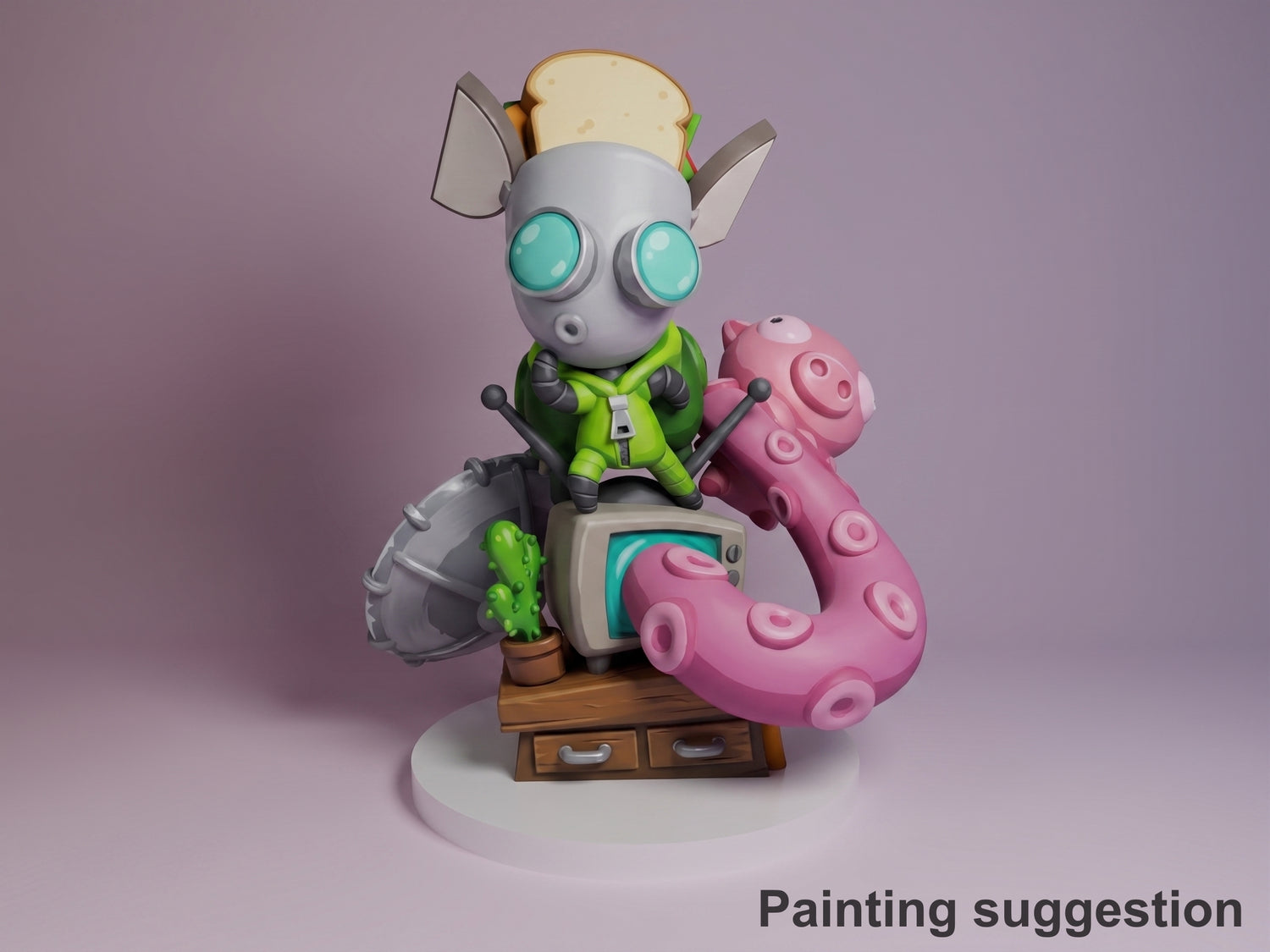 Green Helper Droid Alien Invader Z 3D printed resin figure by Nomnom, colored view.