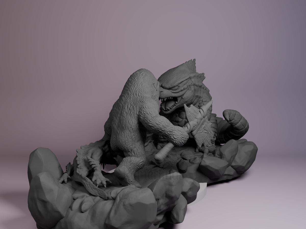Angled, unpainted resin Chibi figure of Colossal Monster Duo from Giant Monster Defense Squad.