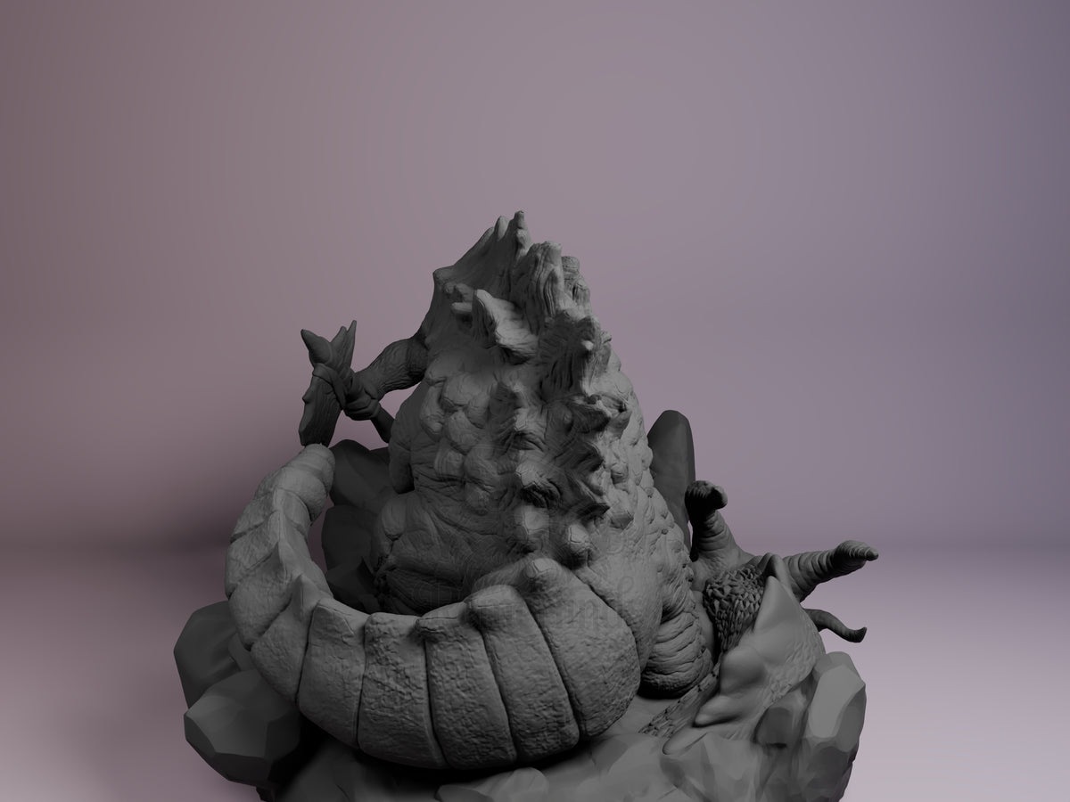 Back view of Colossal Monster Duo from Giant Monster Defense Squad, an unpainted resin Chibi figure on a sculpted base.