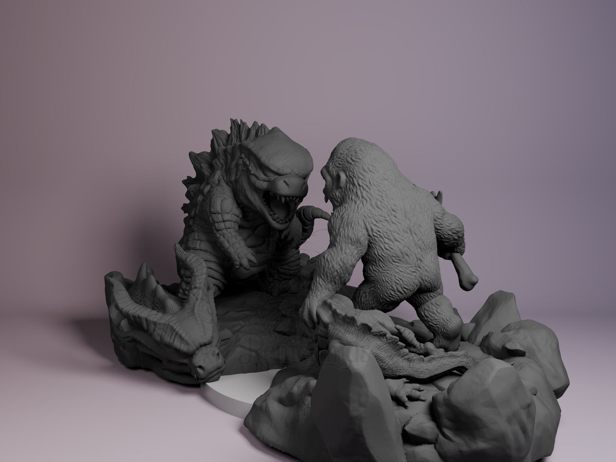 Front view shows unpainted resin Chibi figure Colossal Monster Duo from Giant Monster Defense Squad on rocky sculpted base.