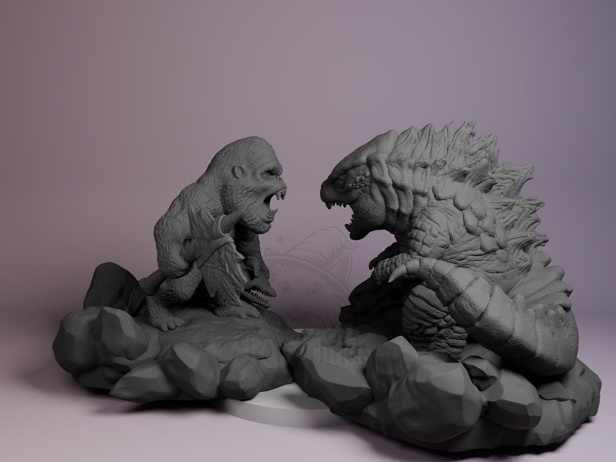 Colossal Monster Duo from Giant Monster Defense Squad resin Chibi figure, unpainted, facing inward on rocky base.