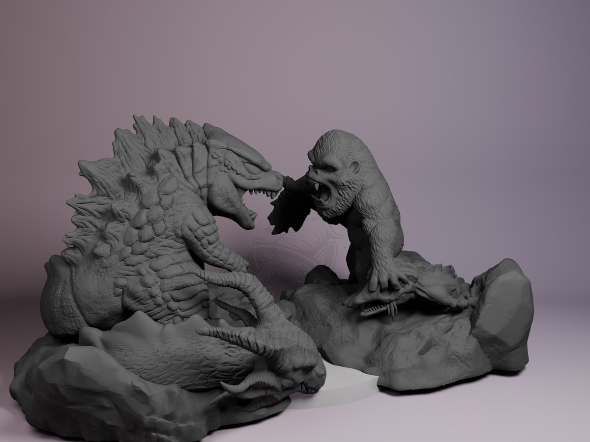 Colossal Monster Duo from Giant Monster Defense Squad is an unpainted resin Chibi figure in battle on a sculpted rocky base.