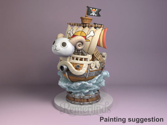 Painted Going Merry resin Chibi figure from One Piece shows sails, waves, and a barrel base.