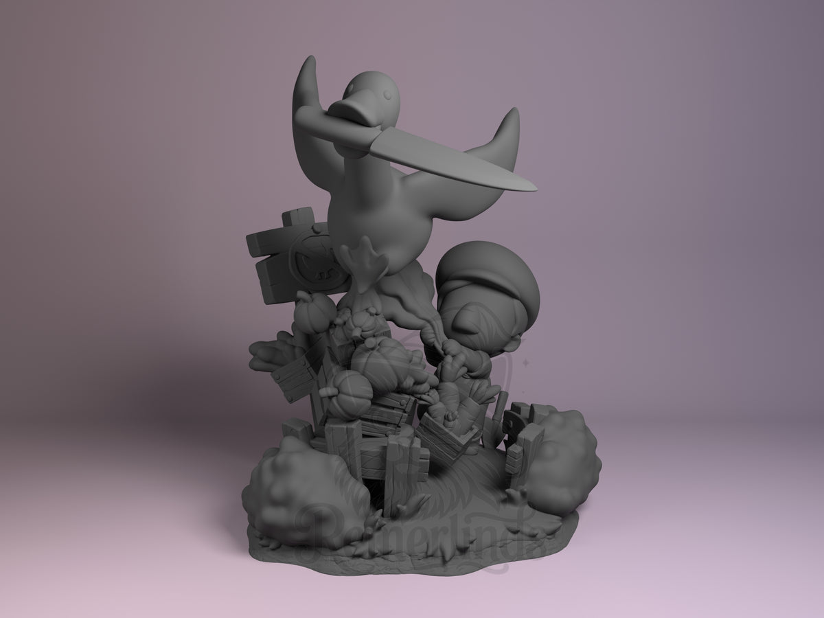 Goose Untitled Waterfowl Game 3D printed resin figure by Nomnom, unpainted front view. This 3D printed resin miniature depicts a chibi-style goose mid-action with wings spread, clutching a knife in its beak. The figure is set among farm or garden-themed details including crates, vegetables, and a garden sign, with an additional character wearing a cap standing behind, giving a playful and mischievous scene composition.