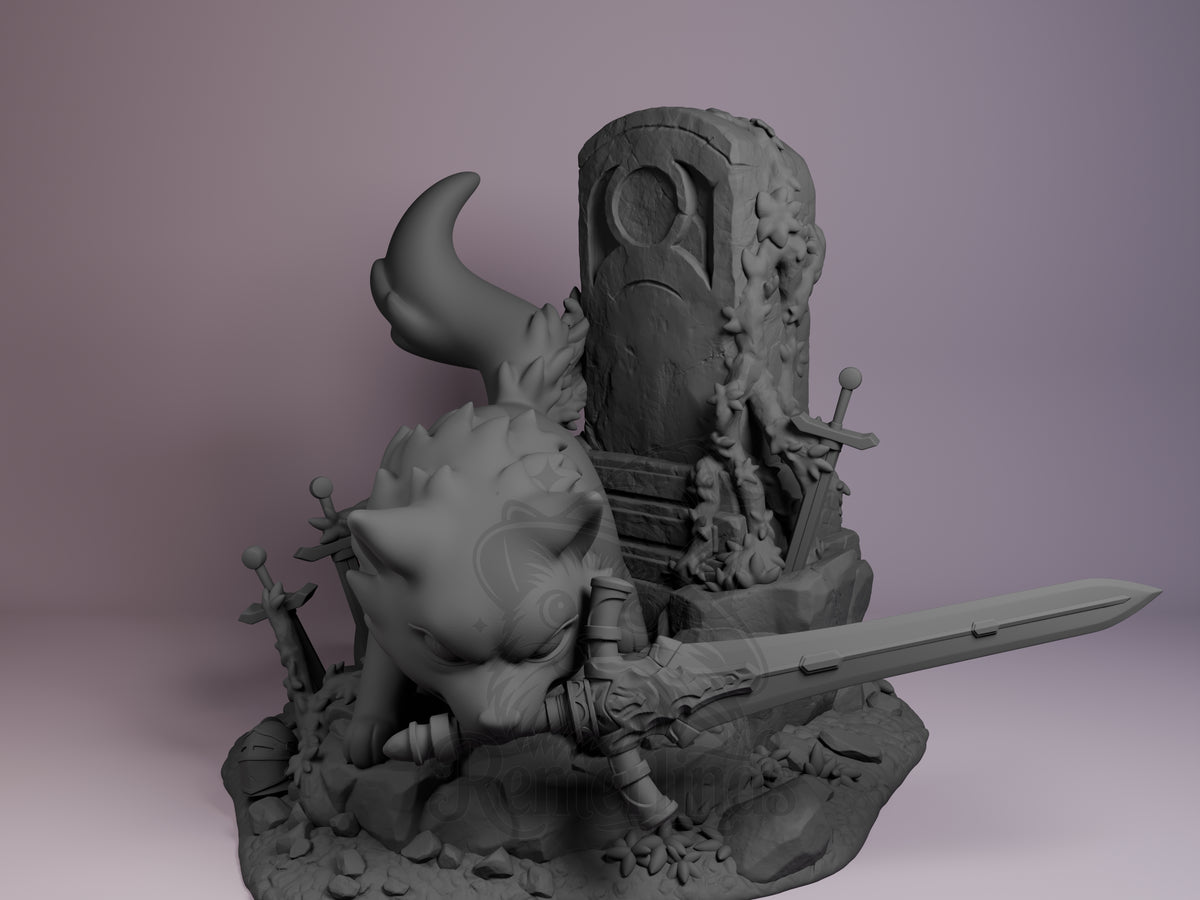 Mythic Grey Wolf Ashen Souls 3D printed resin figure by Nomnom, unpainted front view. The figure depicts a chibi-style Great Grey Wolf crouching aggressively while clutching a long sword in its mouth. It is positioned on a detailed nature-themed base that includes a moss-covered stone monument surrounded by smaller swords stuck into the ground. The detailed sculpting of fur spikes, rock, and foliage adds to the dynamic and mythical atmosphere of the piece.