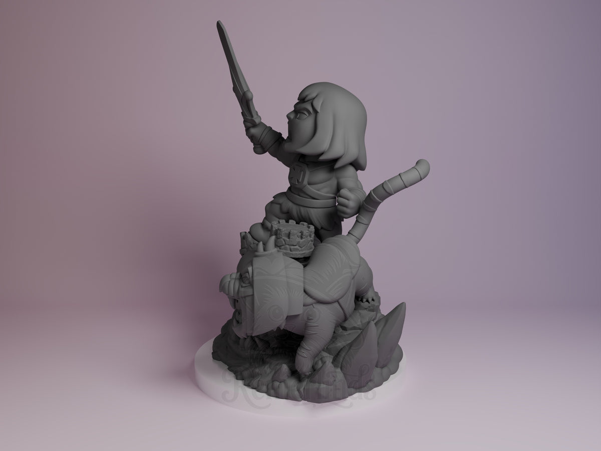 Sunblade Champion He-Man 3D printed resin Chibi figure by Nomnom, angled view showing dimensional detail.