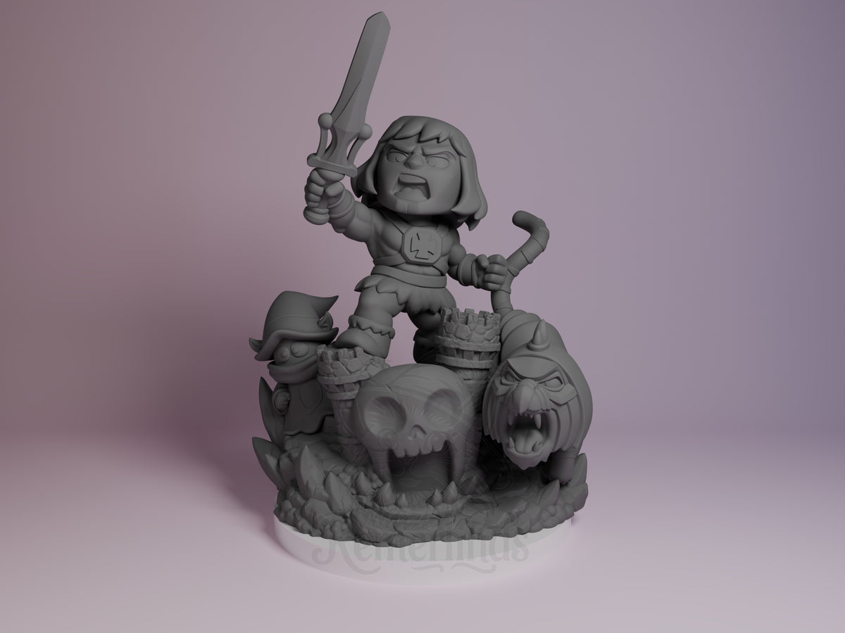 Sunblade Champion He-Man 3D printed resin Chibi figure by Nomnom, unpainted front view. This chibi-style He-Man figure depicts the Sunblade Champion in a dynamic heroic pose, standing firmly on a detailed base featuring a skull and rocky terrain. The figure is equipped with a large, raised sword in one hand and a whip in the other, showcasing his readiness for battle. Additional characters flank the base, enhancing the scene's storytelling and providing a rich visual composition.