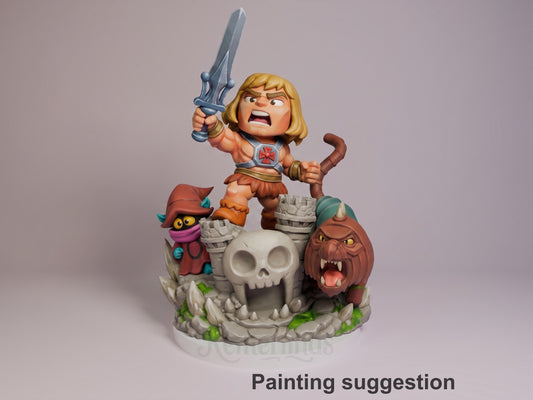 Front-facing painted Sunblade Champion from He-Man resin Chibi figure raises a sword over a skull castle base.