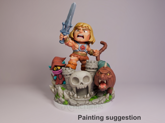 Sunblade Champion He-Man 3D printed resin Chibi figure by Nomnom, colored view.