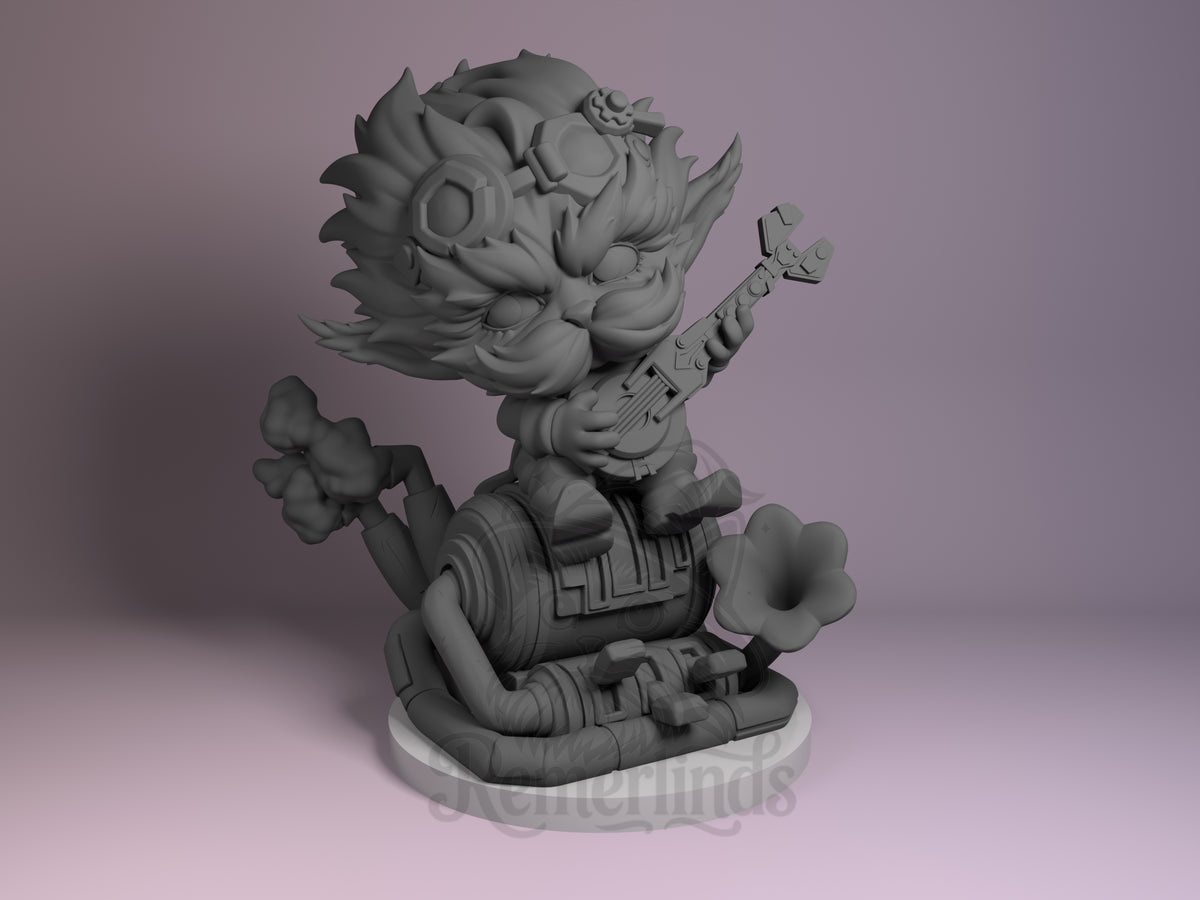 Gadget Master Arkena 3D printed resin Chibi figure by Nomnom, unpainted front view. The figure depicts a chibi character sitting on a mechanical barrel, strumming a small guitar-like instrument. The character has large, wild hair accented with a gear and goggles, and an expressive facial design with a mustache. The base features steampunk-inspired mechanical elements with pipes and a flower-shaped horn, enhancing the technological, gadget-master theme.