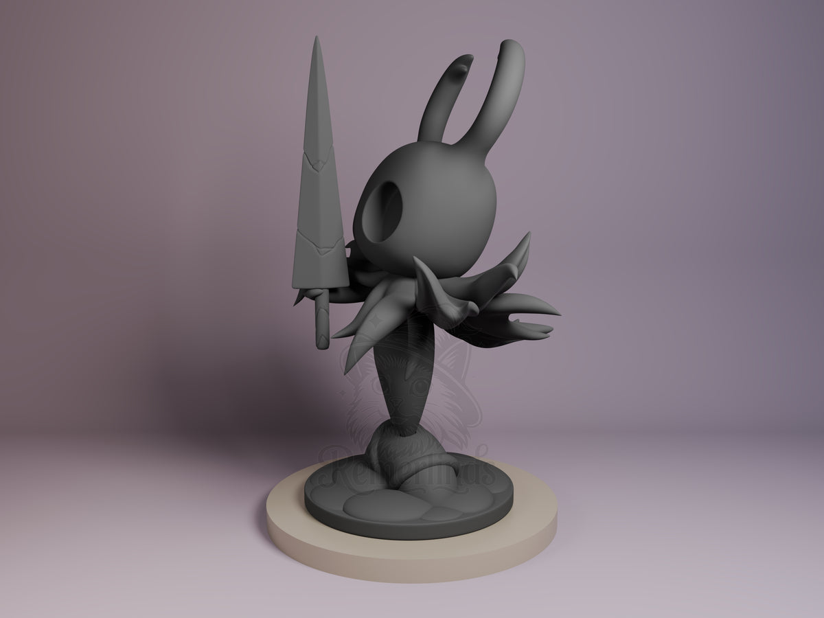 Hollow Knight resin Chibi figure posed mid-action holding a needle, showcasing gray unpainted details on cream base from angle view.