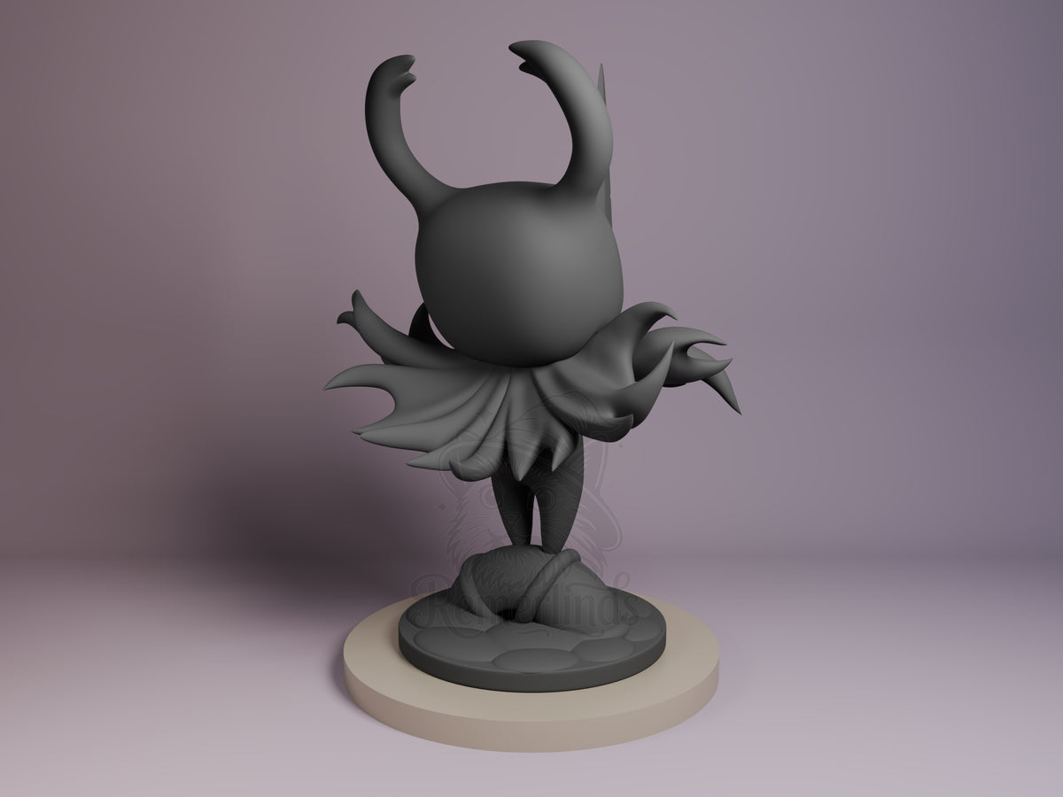 Hollow Knight resin Chibi figure from back, showing curved horns, flowing cape, and small legs on cream base against purple background.