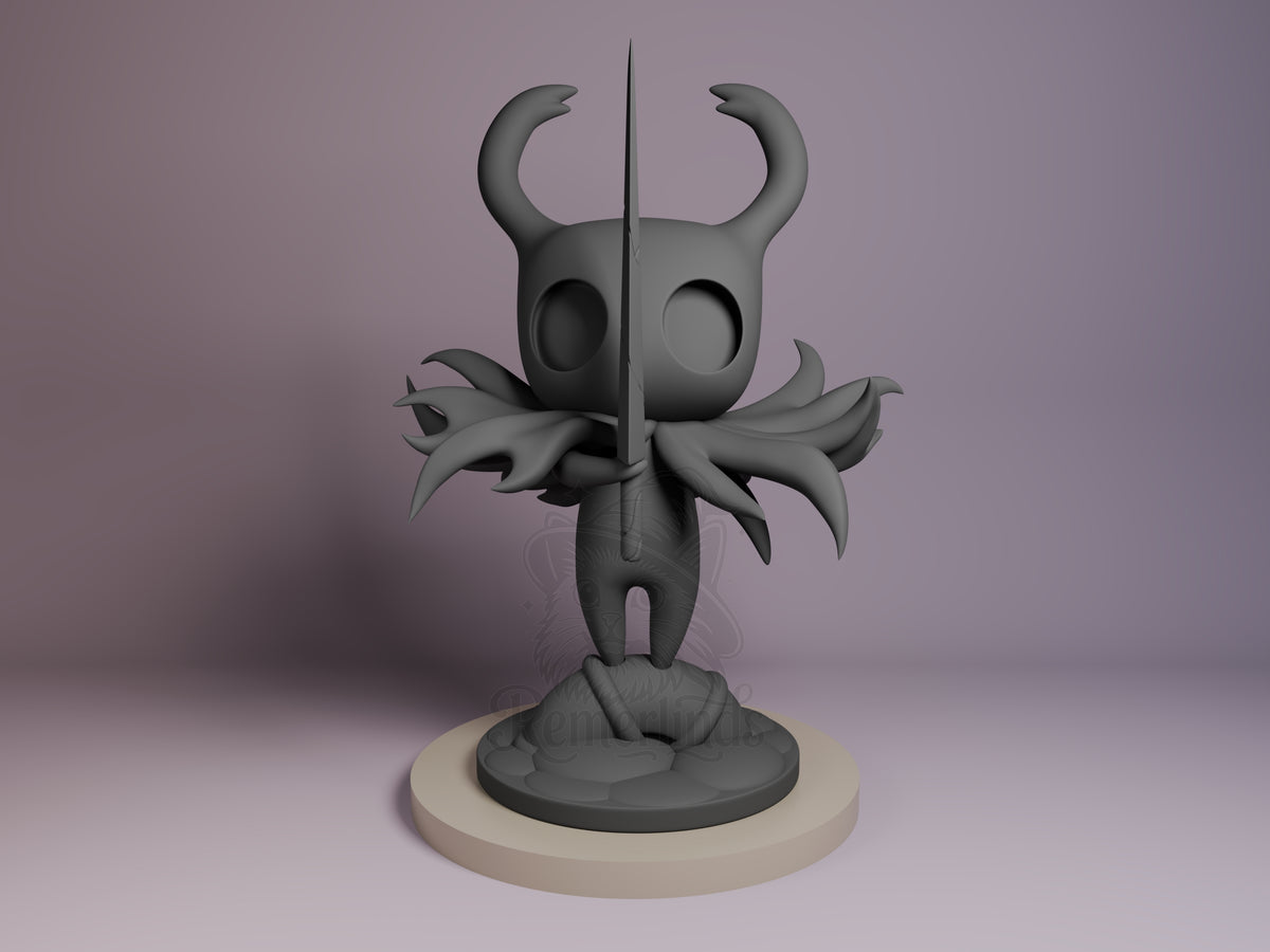 Gray resin Chibi Hollow Knight figure front view, standing on cream base with horns raised, void tendrils at sides, unpainted.