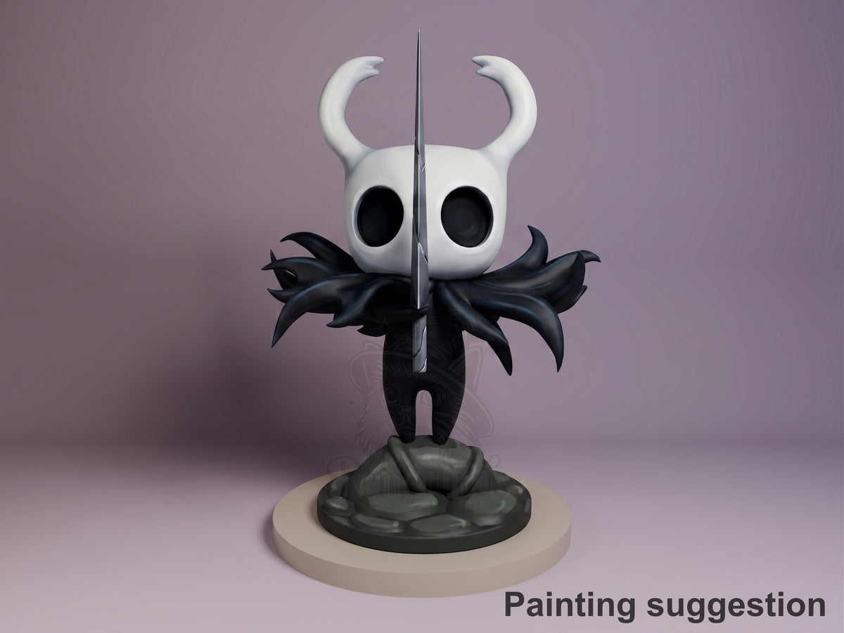 Hollow Knight resin Chibi figure standing on rocky base, white helmet with curved horns, black body with flowing cloak, holding needle sword, painted suggestion.