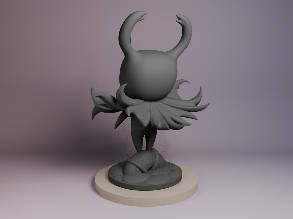 Hollow Knight resin Chibi figure shown from left angle, unpainted gray with curved horns raised, spiked collar, on cream circular base against purple background.