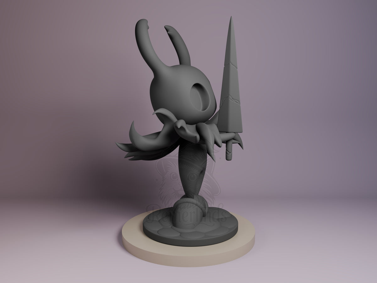 Hollow Knight resin Chibi figure shown from the right side, holding a sword upward, unpainted gray finish on cream base.