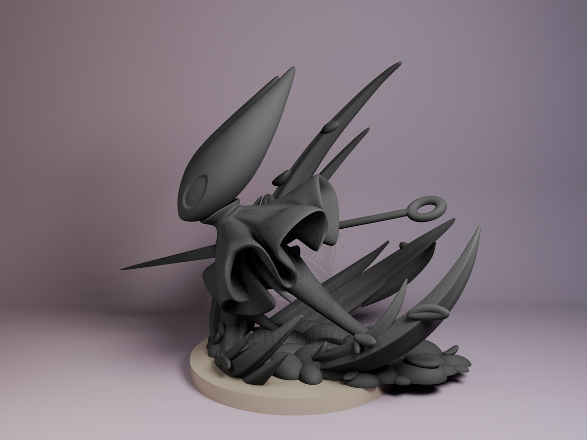 Hornet resin Chibi figure from Hollow Knight shown at angle, unpainted gray with spiky protrusions, mounted on cream base.