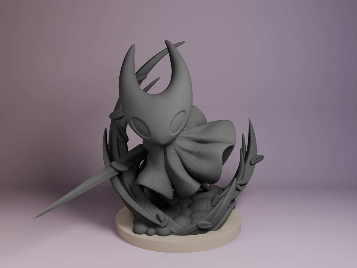 Hornet resin Chibi figure from Hollow Knight, unpainted gray, front view showing horns, flowing cloak, and needle weapon on cream base.