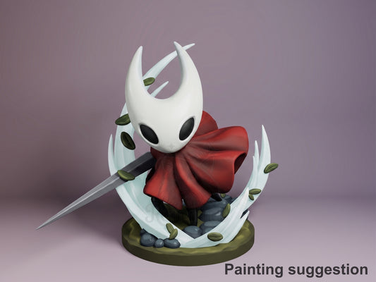 Hornet resin Chibi figure in painted white, red and black, wielding needle weapon, posed on moss-green base against purple background.