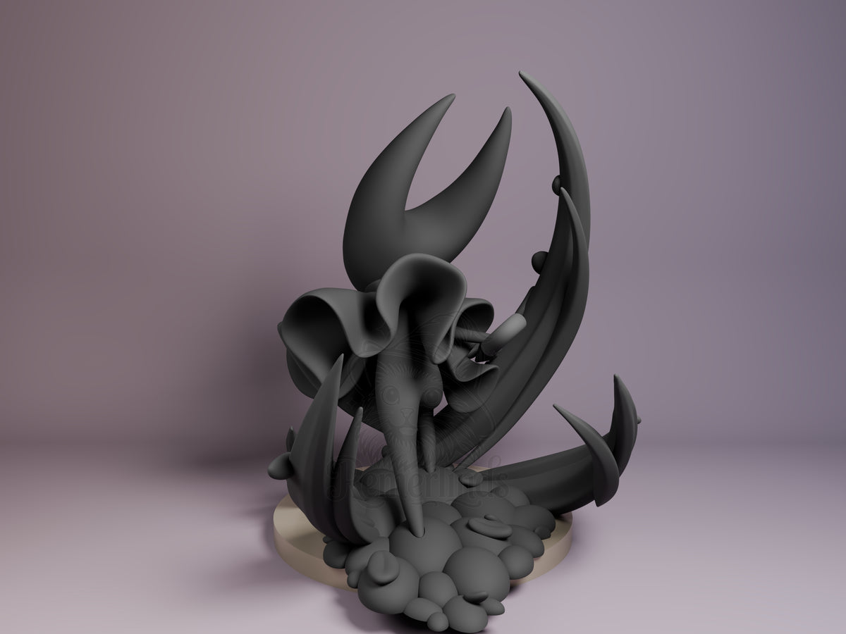 Hornet resin Chibi figure from Hollow Knight, unpainted gray, shown from left angle with raised horns and curved limbs on cream base.