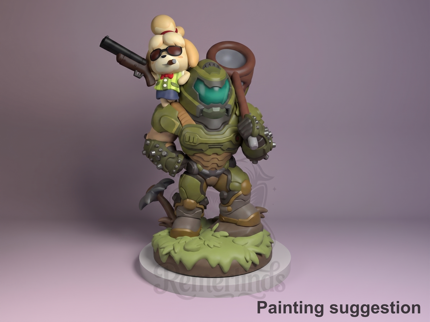 Bell Pup Assistant Village Crossing 3D printed resin Chibi figure by Nomnom, colored view.