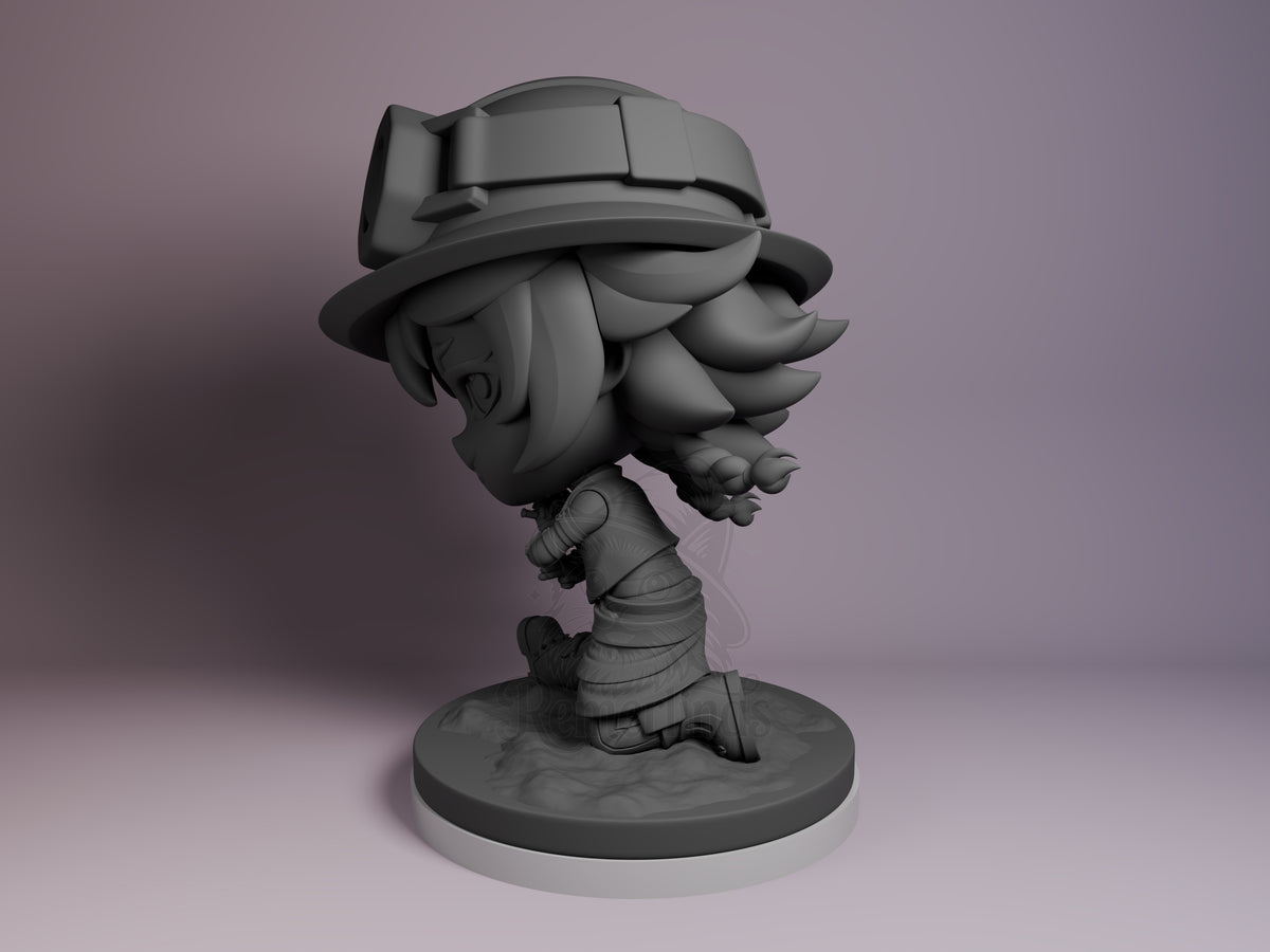 Isha from Arcane is an unpainted resin Chibi figure with a hat and outstretched limbs on a sculpted base.