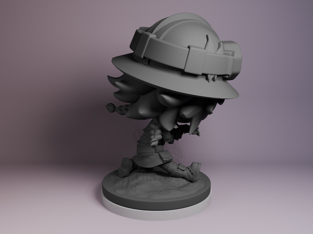 Rear three-quarter view shows Isha from Arcane, an unpainted resin Chibi figure seated on a sculpted base.