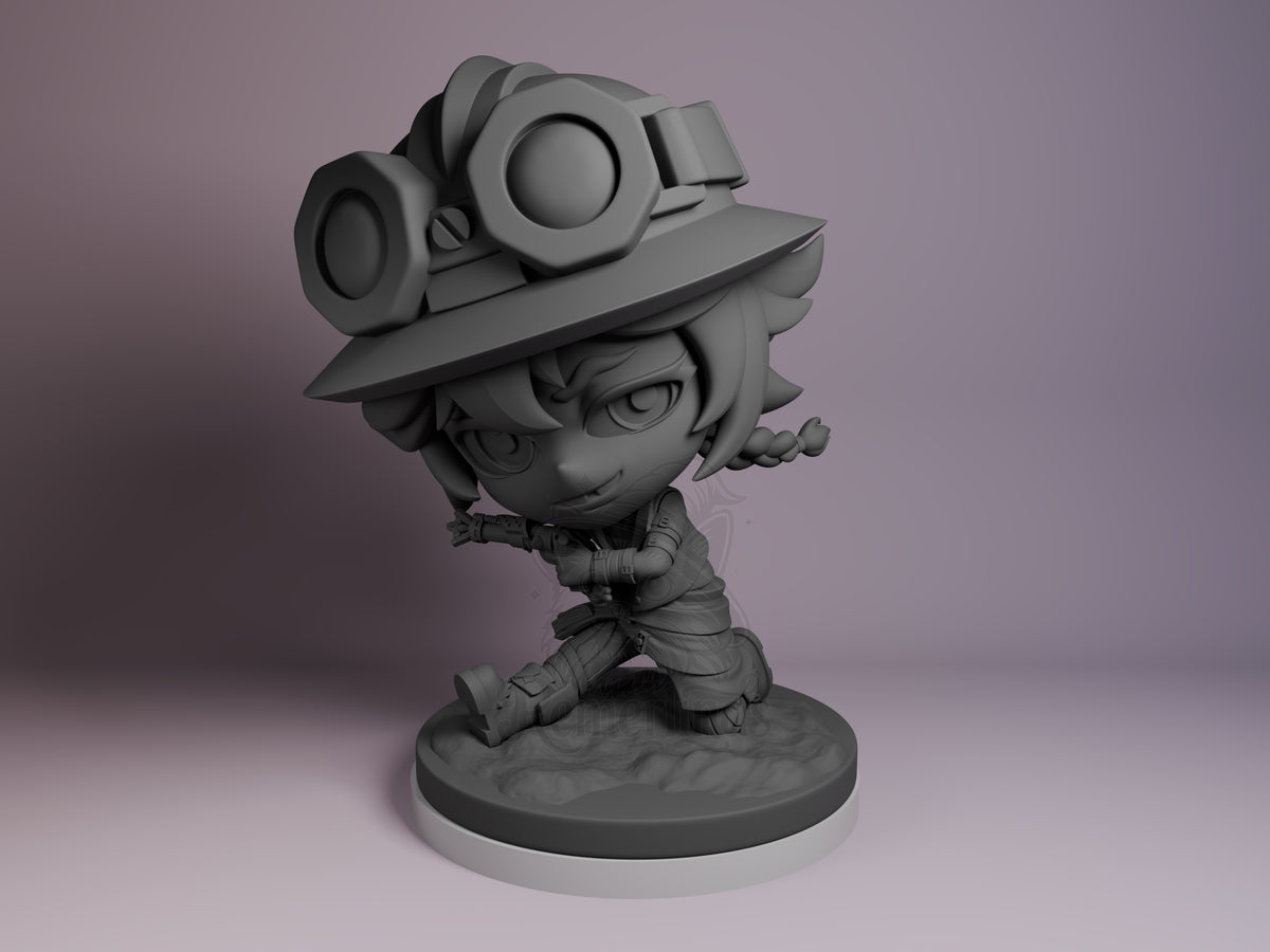 Front three-quarter view of Isha from Arcane, an unpainted resin Chibi figure kneeling on a sculpted base.