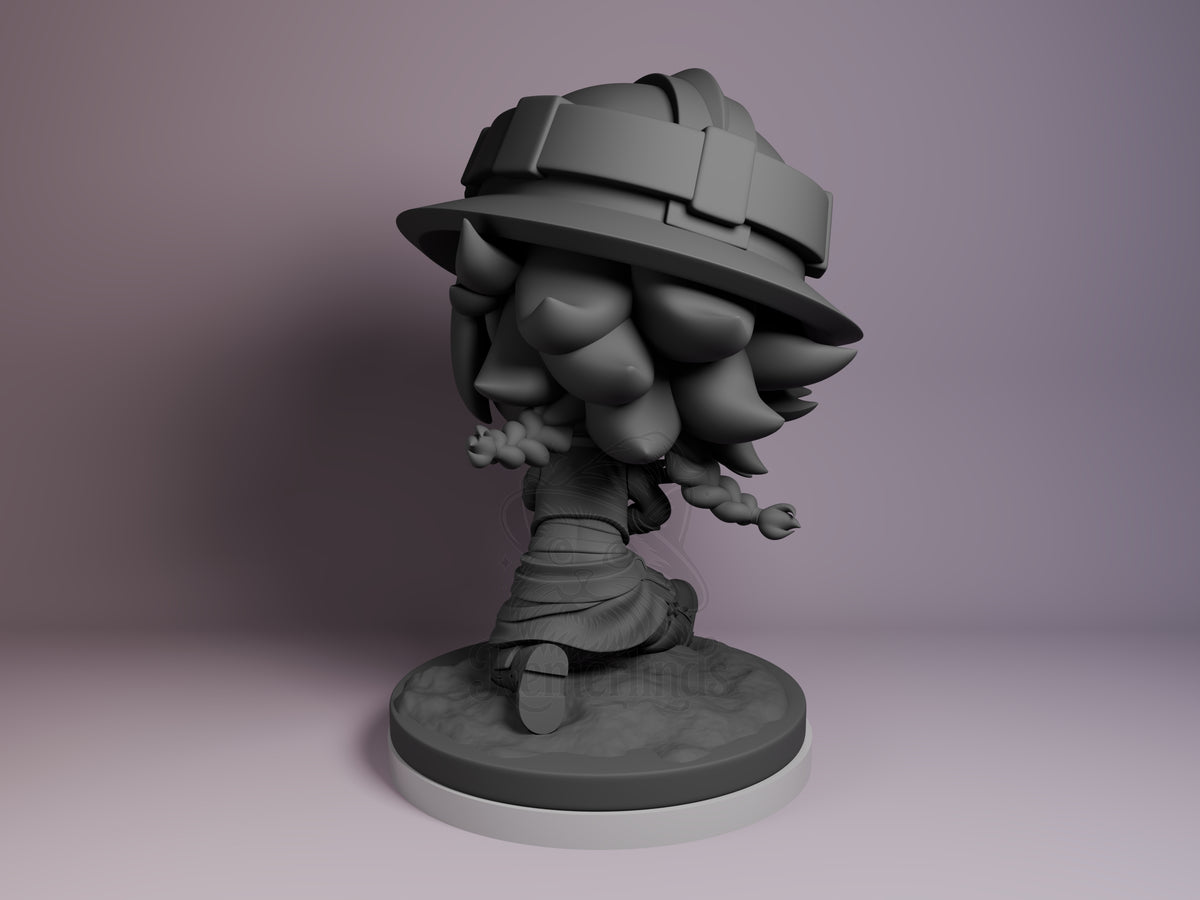 Isha from Arcane resin Chibi figure shown unpainted at a left angle on a sculpted base.