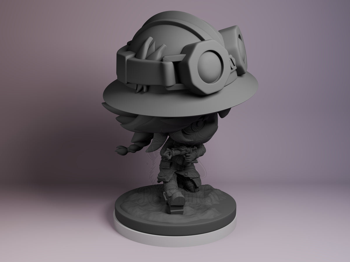 Isha from Arcane is an unpainted resin Chibi figure in right view, standing on a sculpted base.