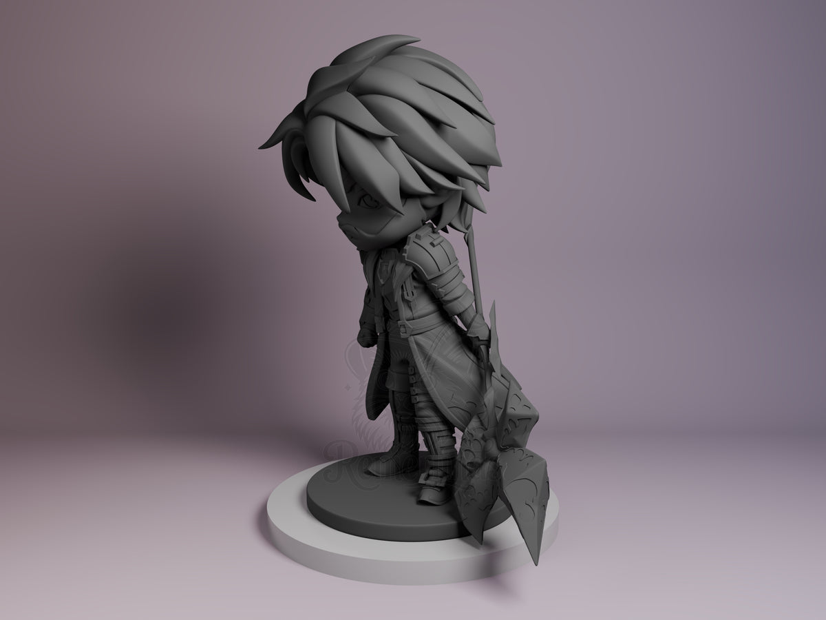 Jayce resin Chibi figure from Arcane shown from side angle, unpainted gray, featuring detailed armor and distinctive spiky hair on white base.