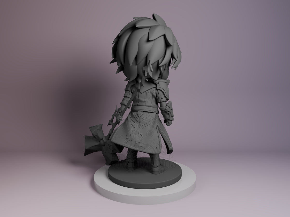 Back view of unpainted Jayce resin Chibi figure from Arcane, showing spiky hair, armored jacket, skirt with details, and axe weapon on white base.