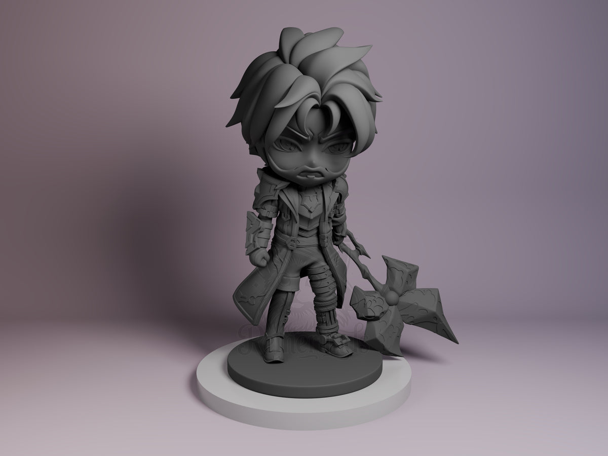 Jayce from Arcane resin Chibi figure shown front-facing on white base, unpainted gray with spiky hair, armored outfit, and large hammer prop.