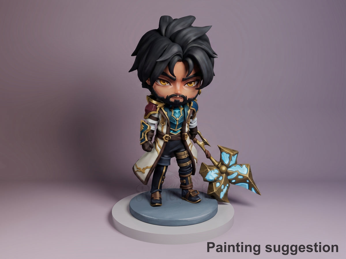 Jayce resin Chibi figure from Arcane, fully painted on blue base, holding golden staff, wearing ornate jacket with yellow eyes against purple background.