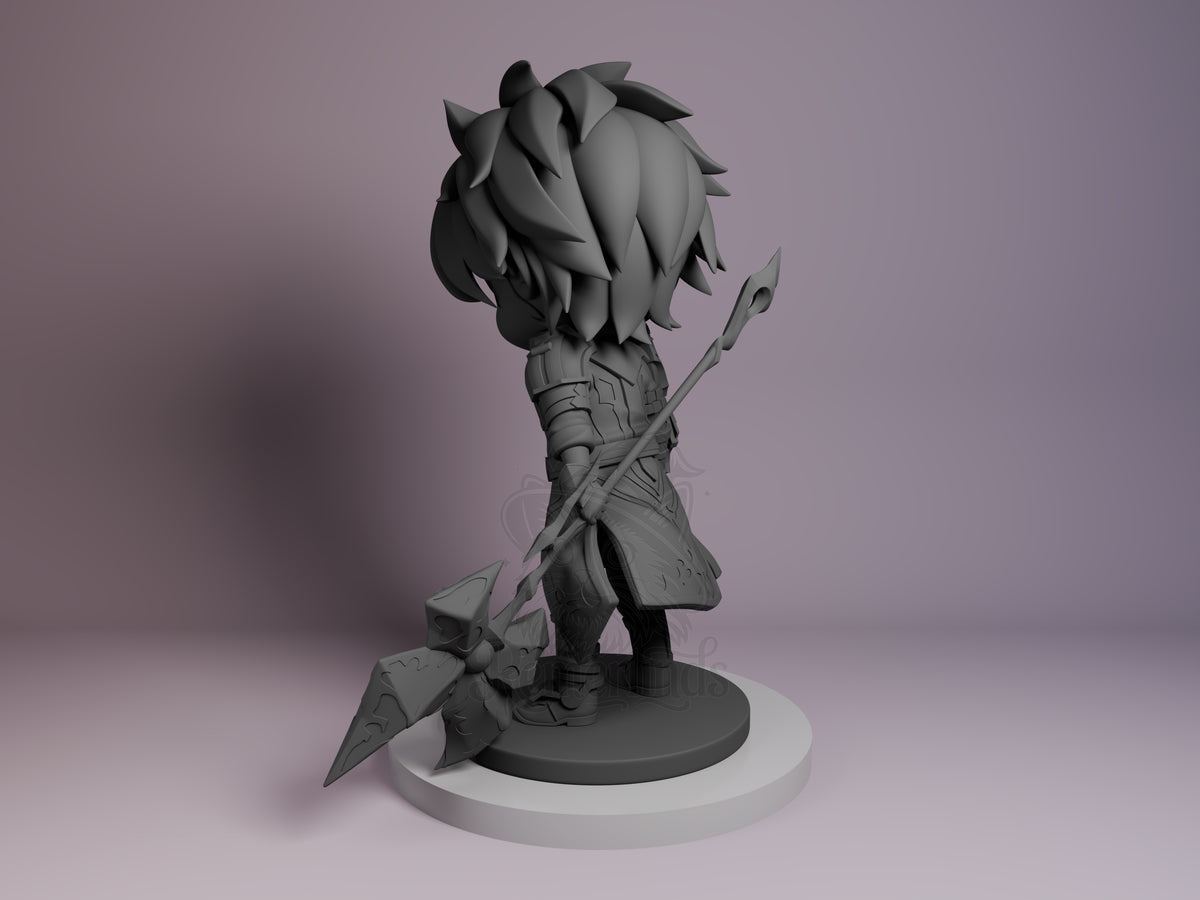 Jayce from Arcane resin Chibi figure shown from left angle, unpainted gray with spiky hair and hammer weapon on circular base.