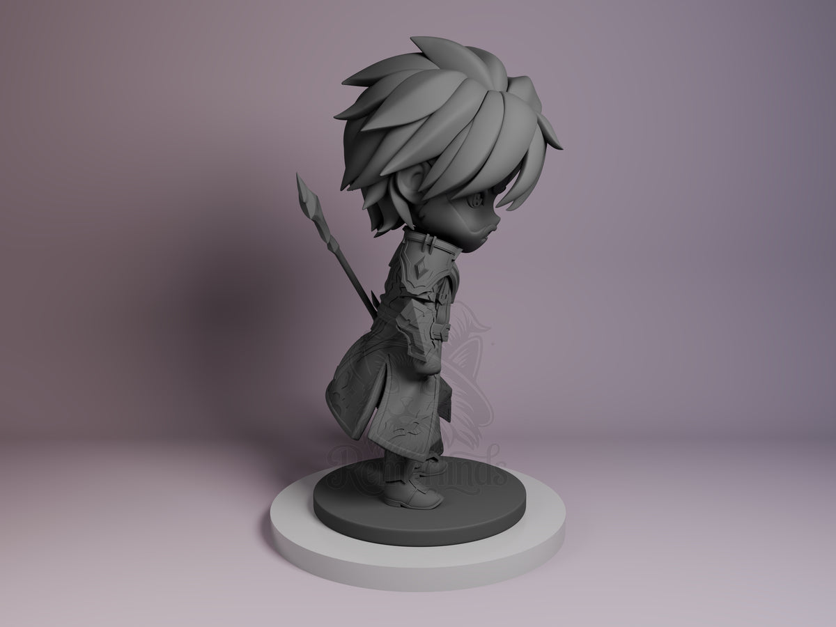 Jayce resin Chibi figure shown right profile on white base, unpainted gray with spiky hair, armored jacket, and sword, elevated pose.
