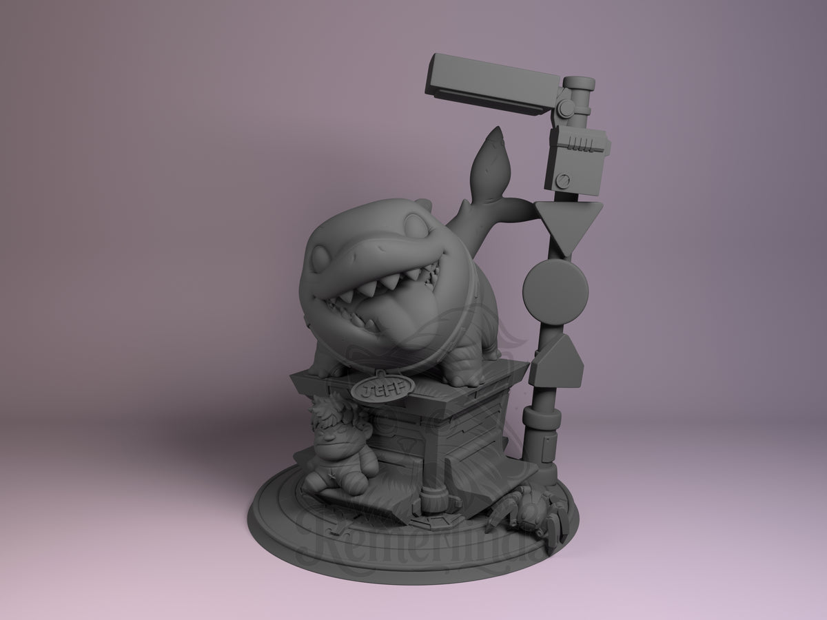 Front view: Chibi Shark Pal–Tiny Hero Companion from Super Rivals sits on a sculpted base as an unpainted resin Chibi figure.