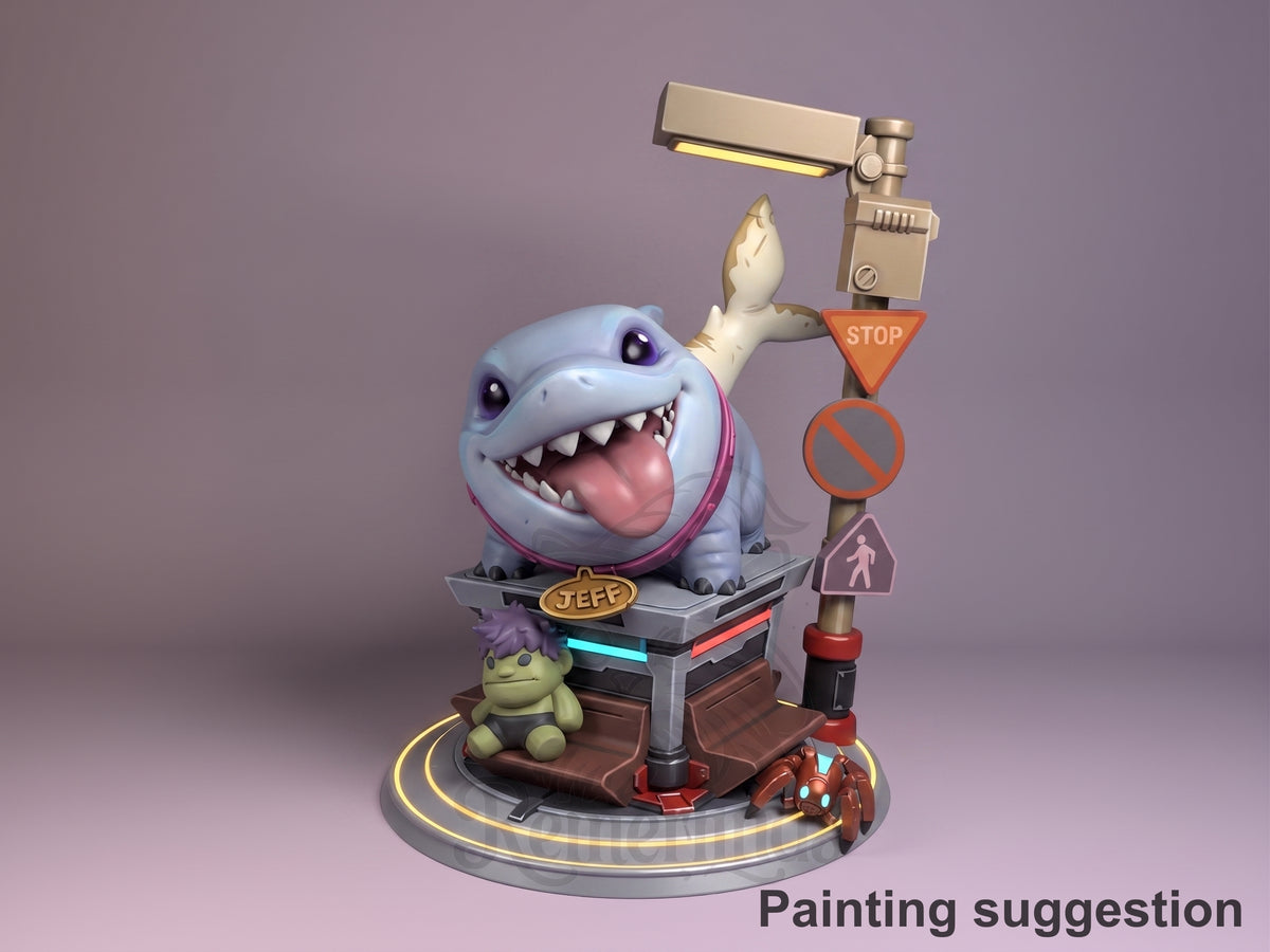 Chibi Shark Pal–Tiny Hero Companion Super Rivals 3D printed resin figure by Nomnom, colored view.