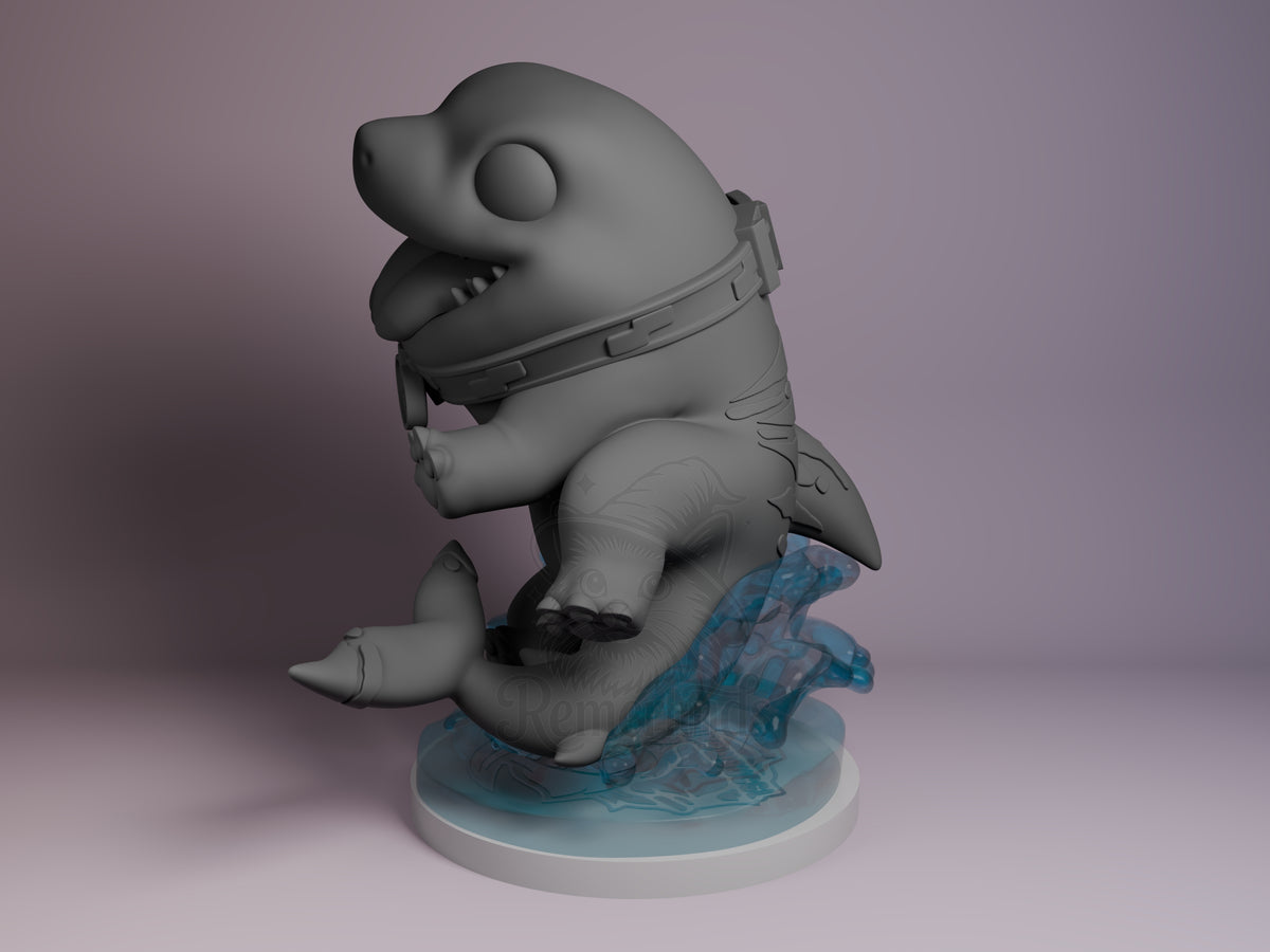 Gray resin Chibi shark figure in sitting pose wearing a collar, angled side view on translucent blue wave base, from Super Rivals series.
