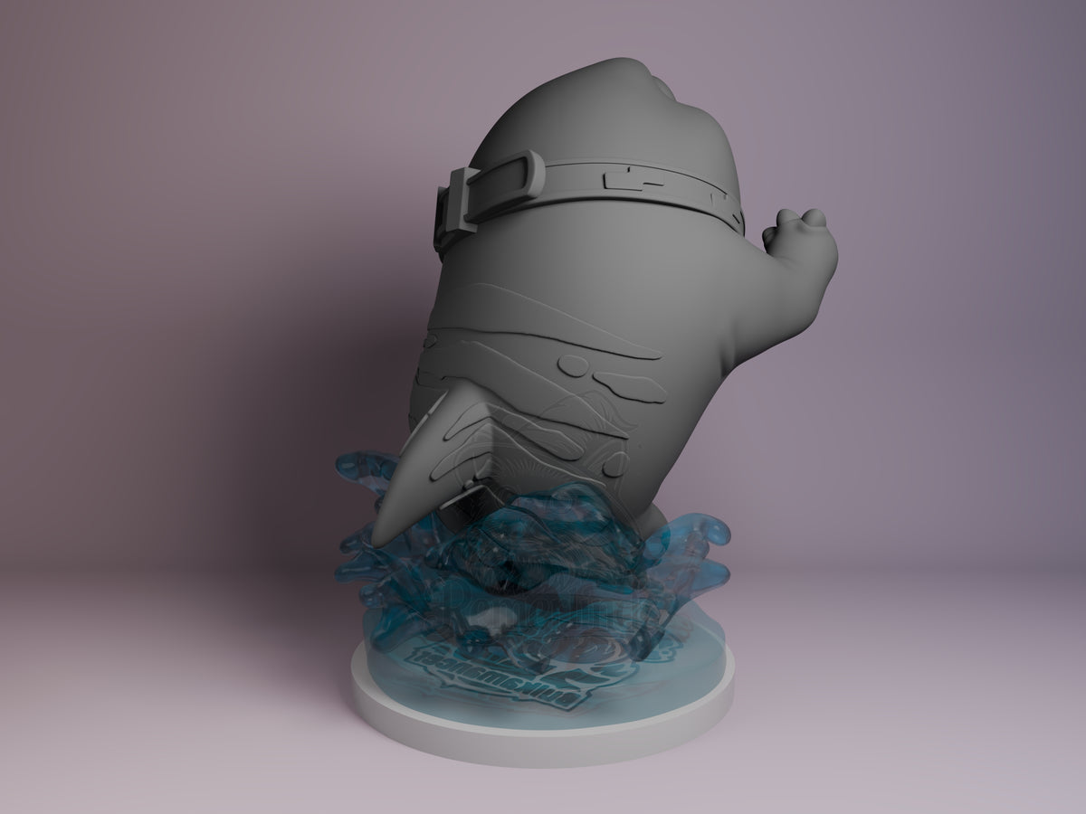 Resin Chibi Shark Pal figure from Super Rivals shown from back view, unpainted gray with blue translucent water effect base, raised arms in cheerful pose.