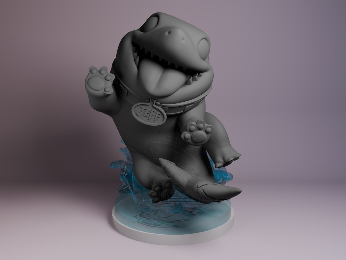 Chibi Shark Pal resin figure from Super Rivals, front view, grinning with raised paw, wearing collar with "JEFF" tag, on blue water-effect base.