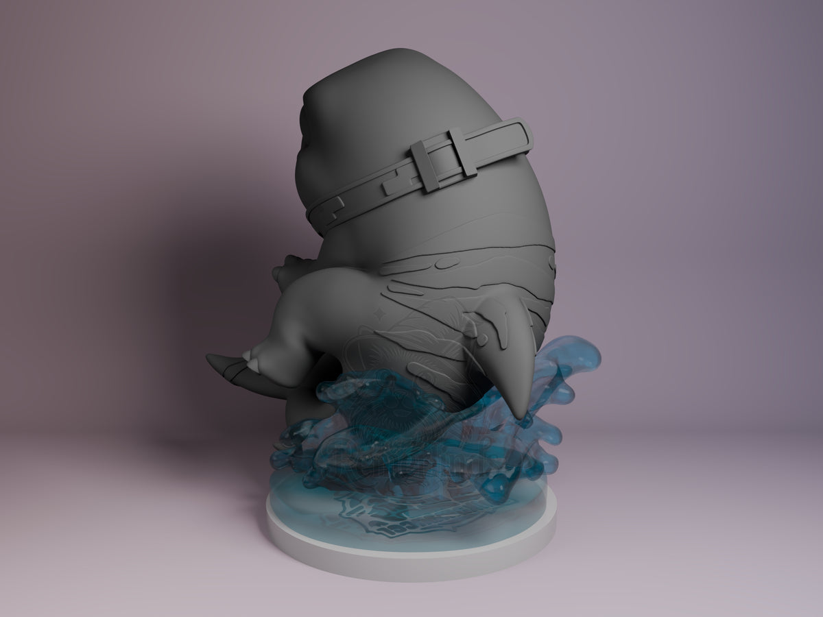 Chibi Shark Pal resin figure from Super Rivals shown from left angle, seated pose with belt detail, unpainted gray body on translucent blue water-themed base.