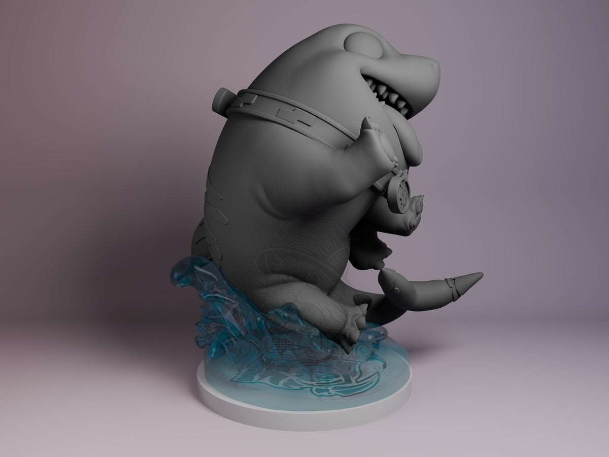 Chibi Shark Pal resin figure shown from the right side, smiling with headphones around neck, standing on translucent blue base with detailed markings.