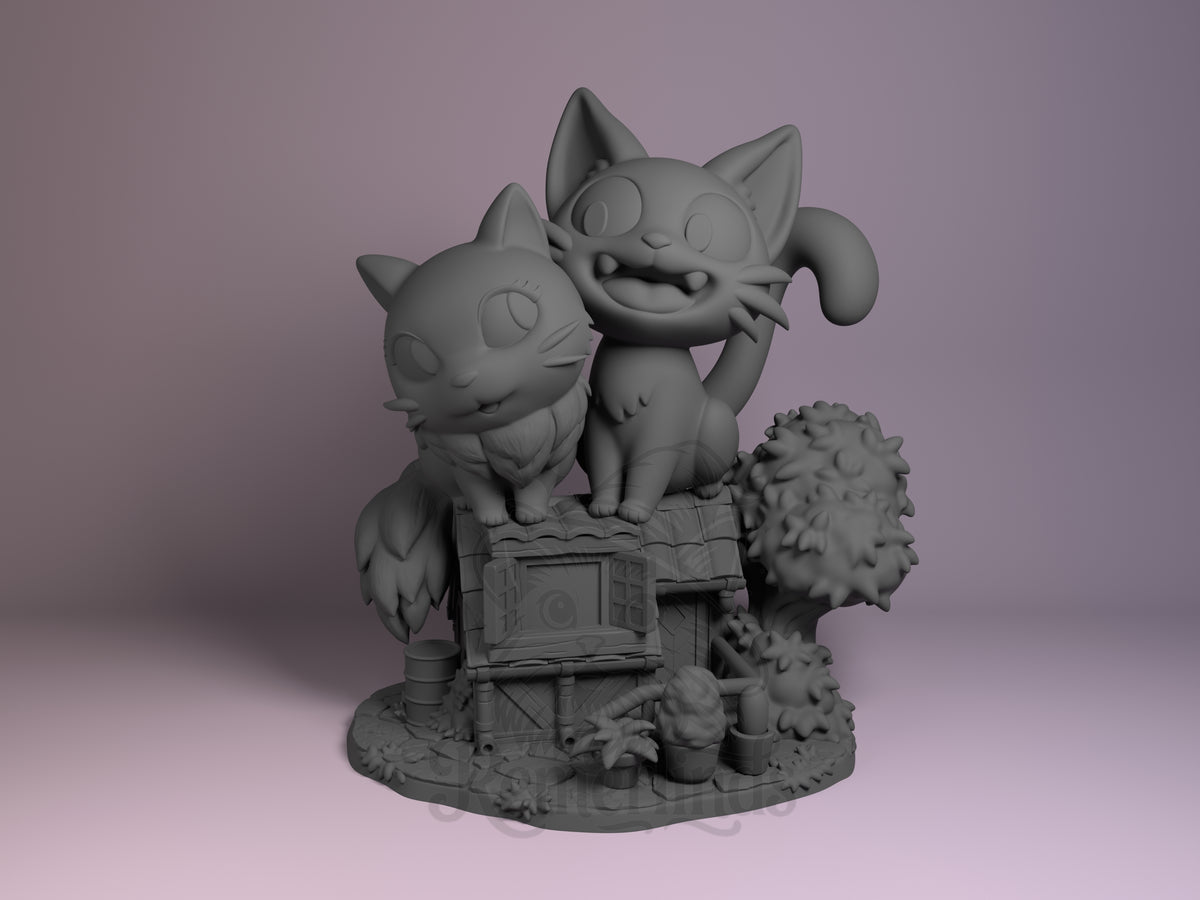 Witch's Black Cat Witch's Delivery Adventure 3D printed resin figure by Nomnom, unpainted front view. The figure features two chibi cats posed sitting together atop a miniature rustic house. The cats exhibit charming large eyes and expressive faces, one joyful and the other serene, with a curled tail and distinct whiskers. The base includes intricately sculpted vegetation around the house, creating a cozy, whimsical scene perfect for fans of Kiki's Delivery Service.