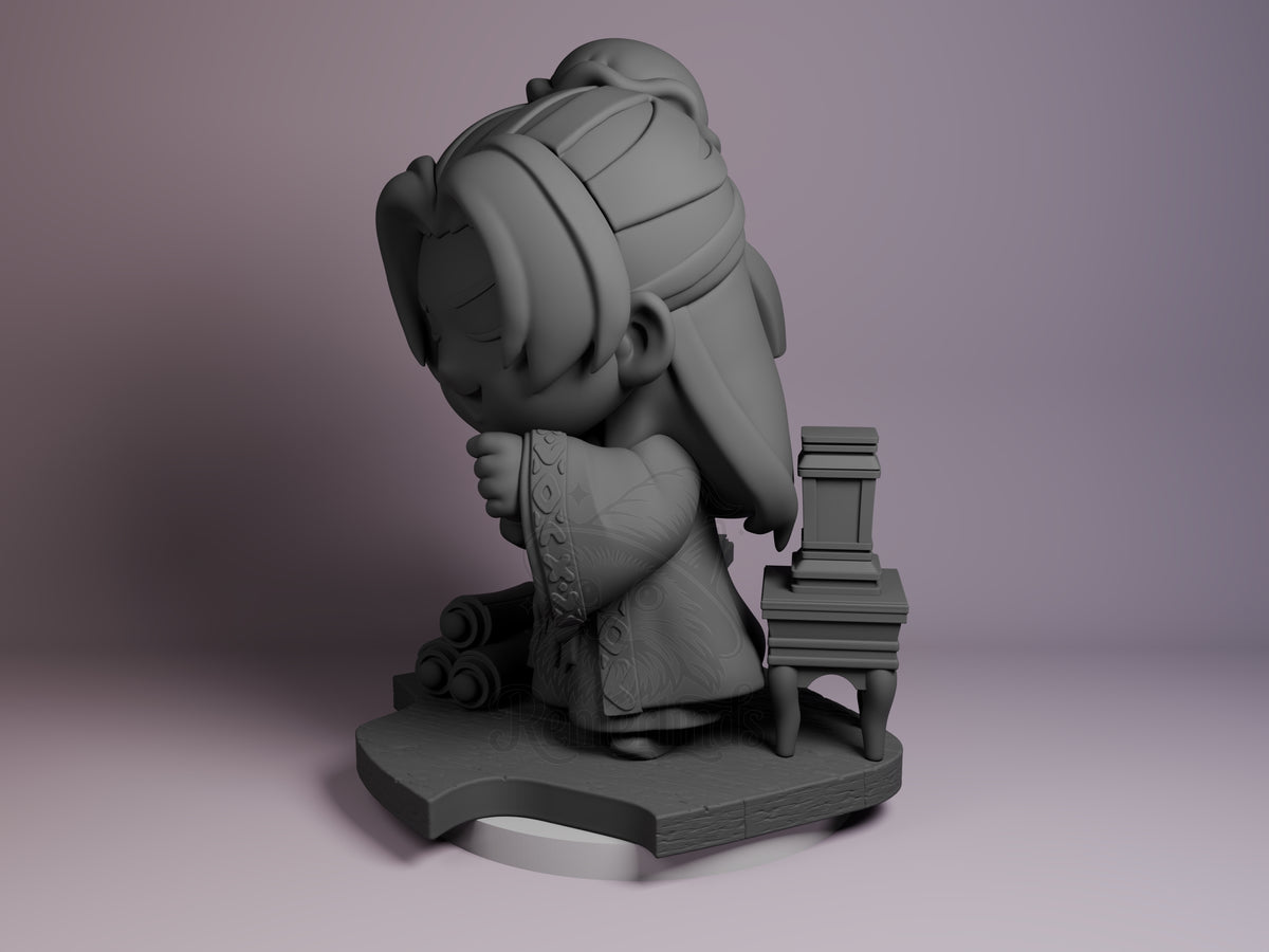 Jinshi The Apothecary Diaries 3D printed resin Chibi figure by Nomnom, angled view showing dimensional details.
