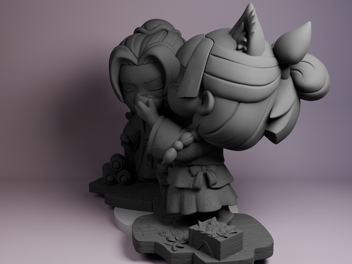 Jinshi and Maomao The Apothecary Diaries 3D printed resin figure by Nomnom, angled view showing dimensional details.