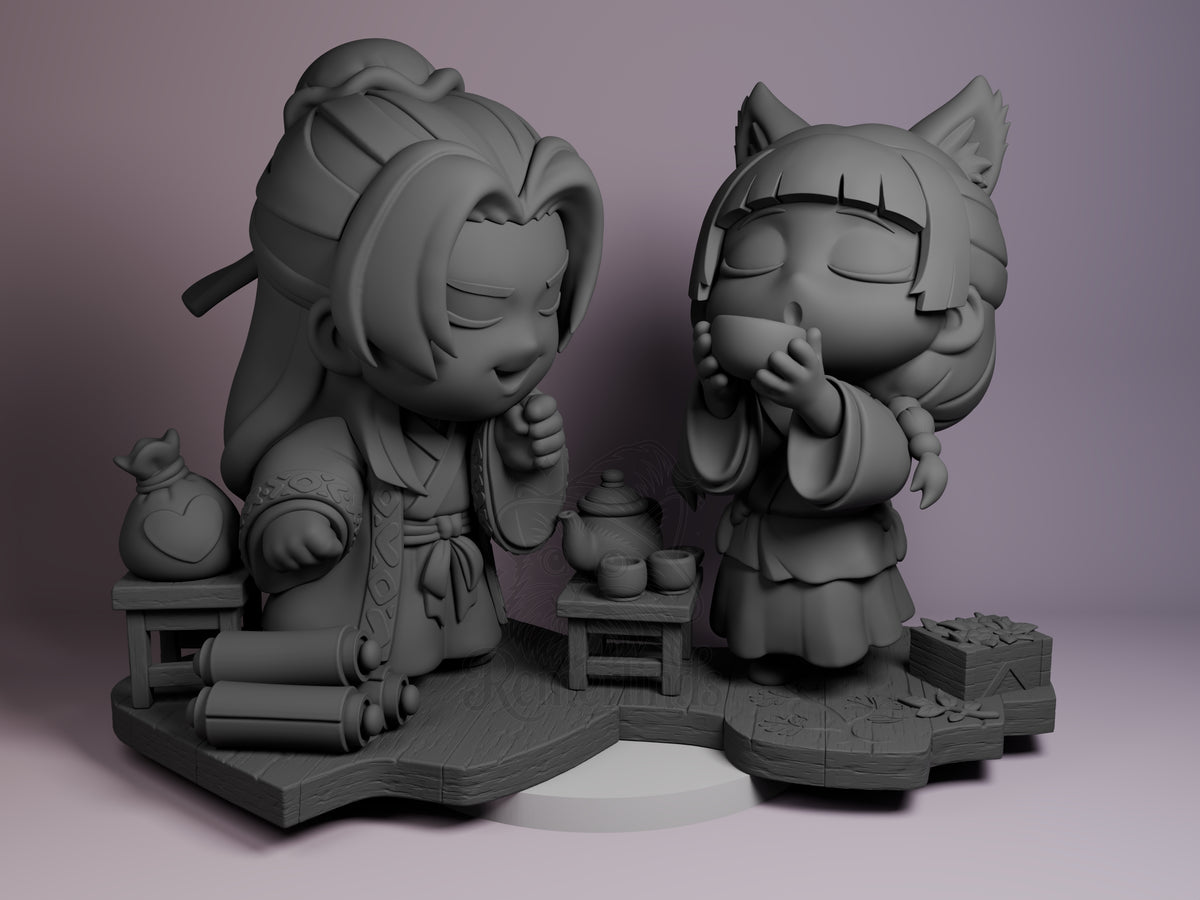 Front view shows Jinshi and Maomao from Apothecary Diaries as an unpainted resin Chibi figure posed together on a sculpted,부?