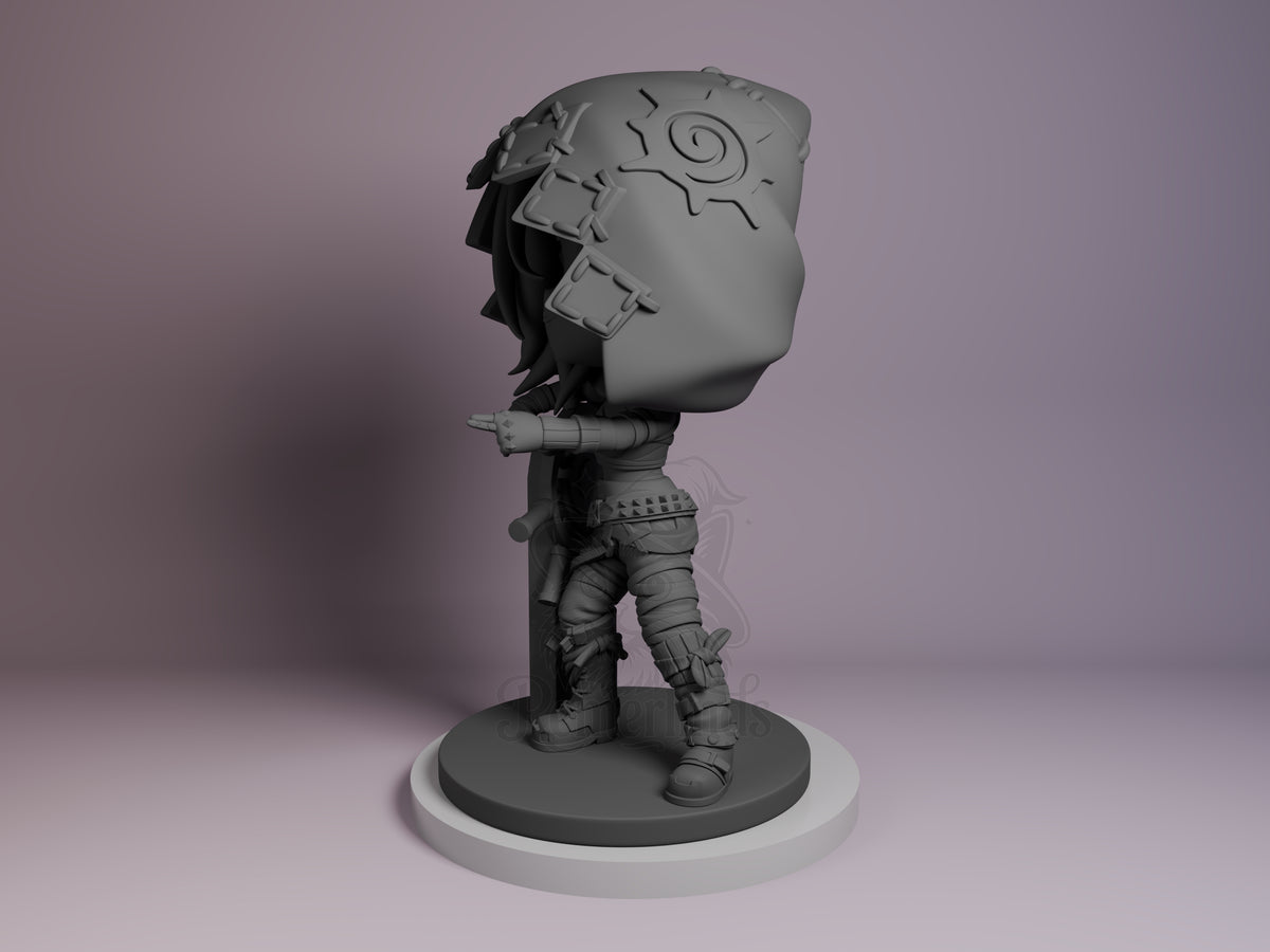 Jinx resin Chibi figure from Arcane in gray unpainted form, shown in side profile on white base against purple background.